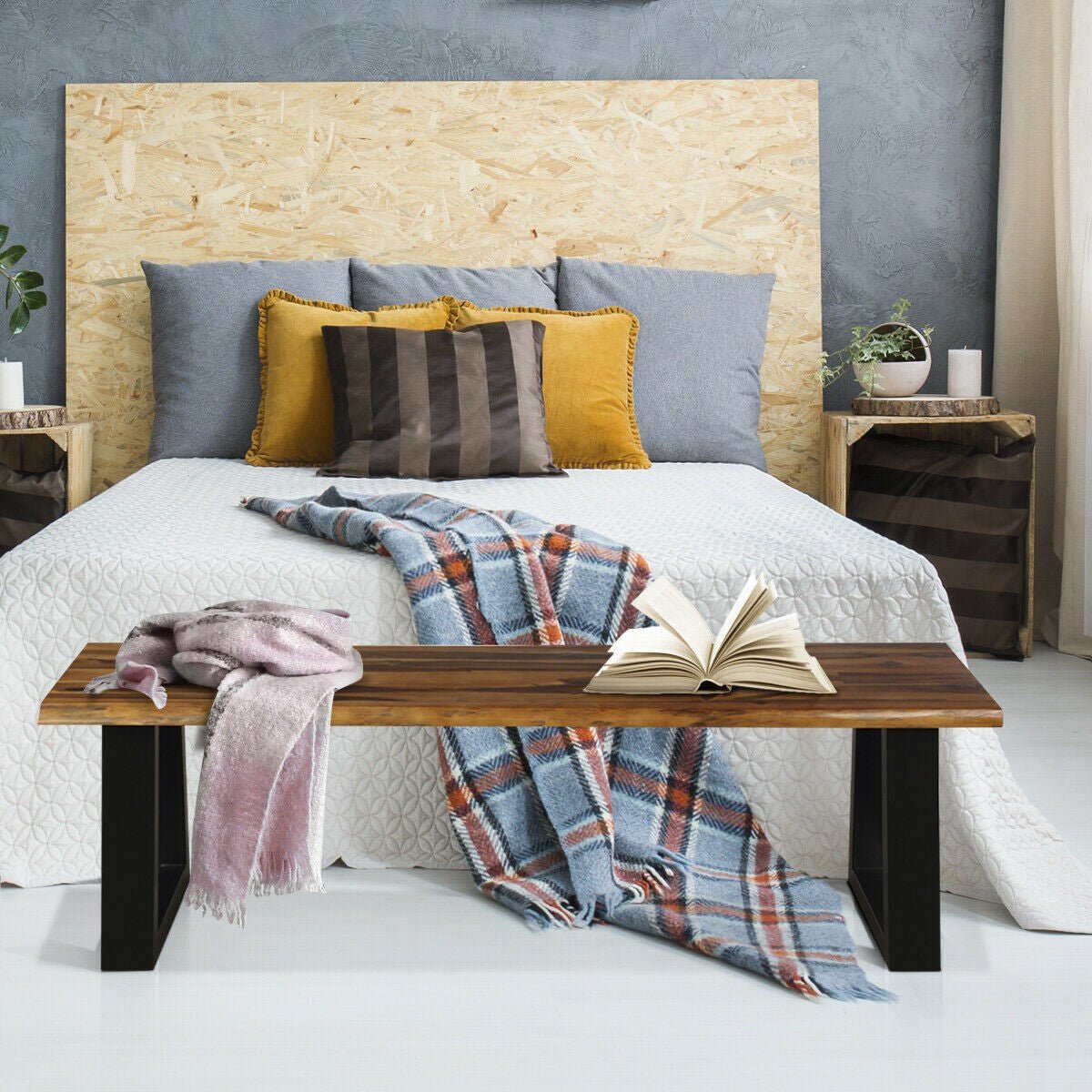 Wooden Dining Bench Seating Rustic Indoor &Outdoor Furniture (Rustic Brown&Black) - Image 2