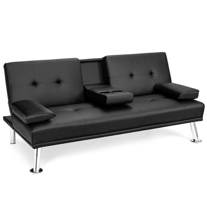 Modern Convertible Futon Sofa Bed,2 Cup Holders, Backrest Adjustable