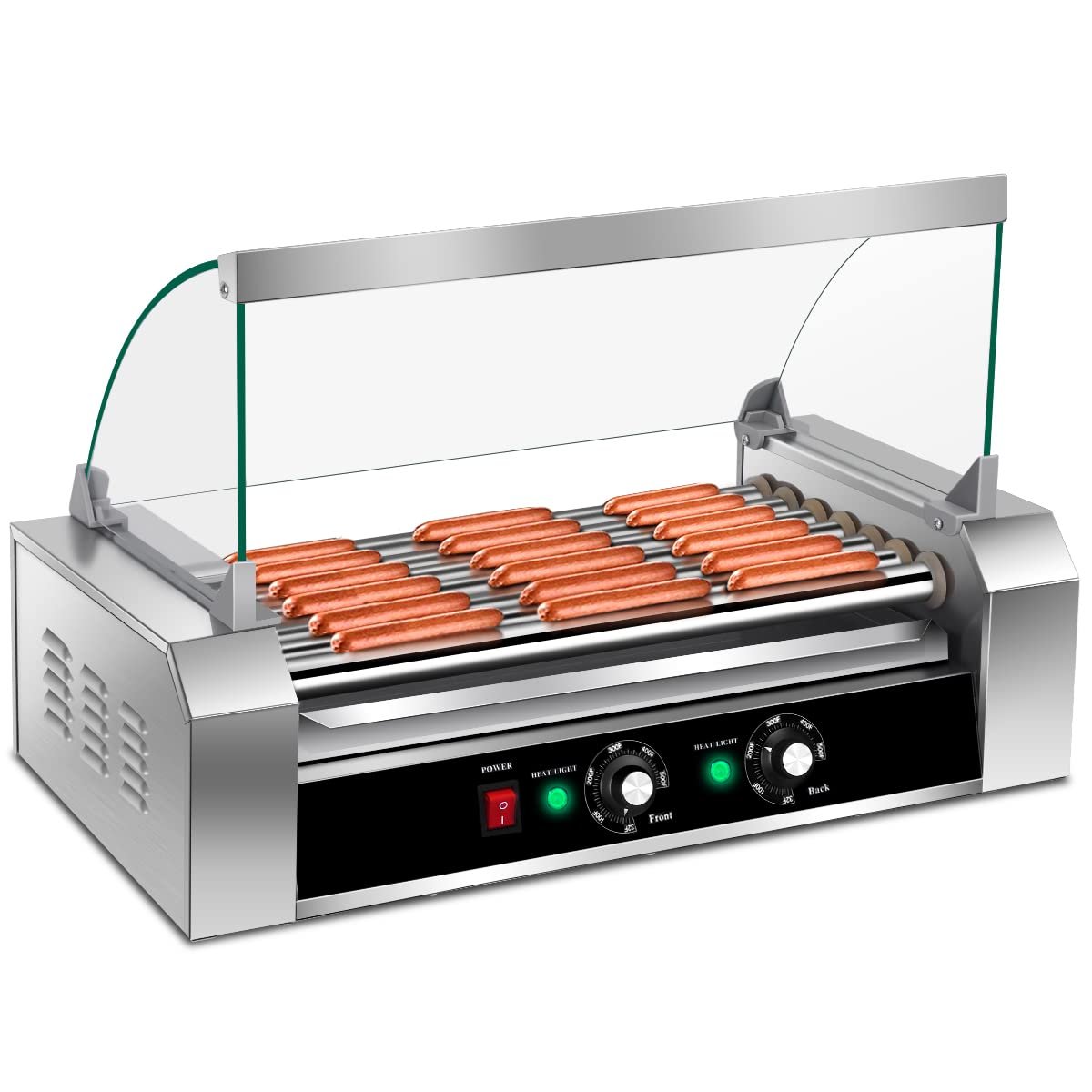 7 Non-Stick Rollers 18 Hot Dog Sausage Grill Cooker Machine with Removable Stainless Steel Drip Tray and Glass Hood Cover