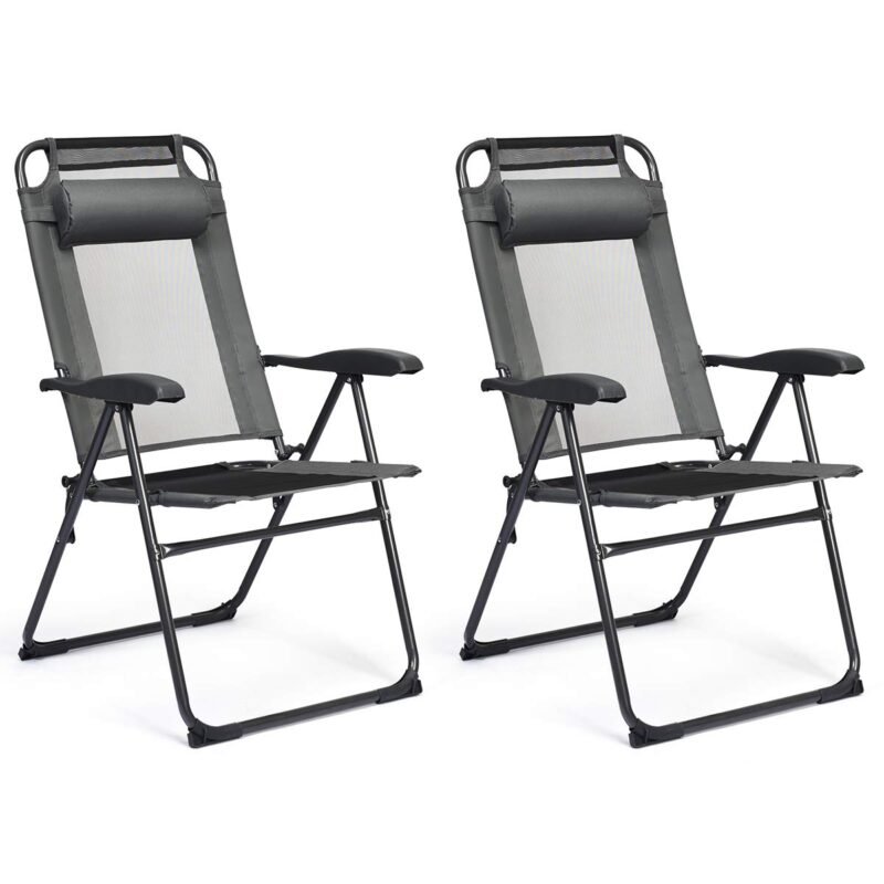 Set of 2 Patio Dining Chairs, Folding Lounge Chairs with 7 Level Adjustable Backrest
