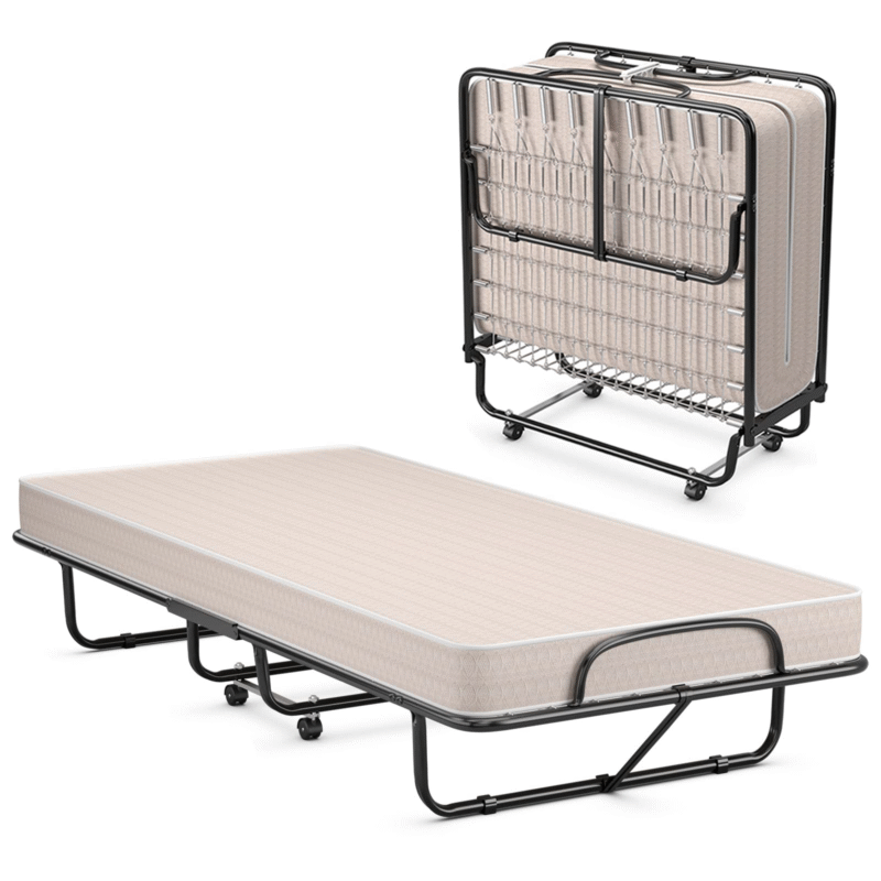 Rollaway Folding Bed w/Mattress for Adults, 79 x 39 Inch Twin Portable Foldable Guest Bed w/Sturdy Metal Frame