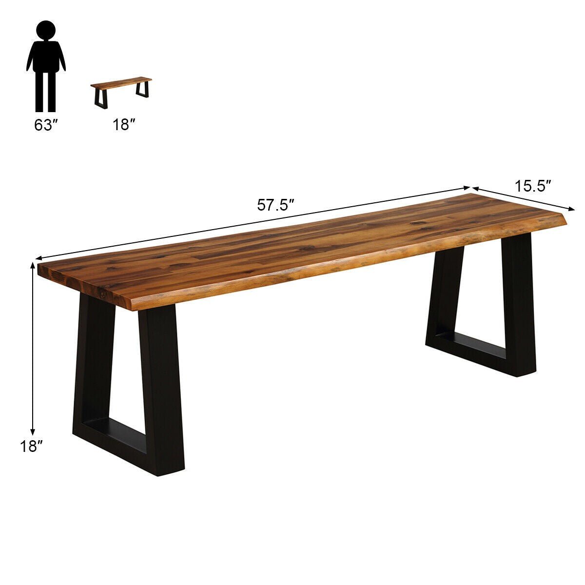 Wooden Dining Bench Seating Rustic Indoor &Outdoor Furniture (Rustic Brown&Black) - Image 3