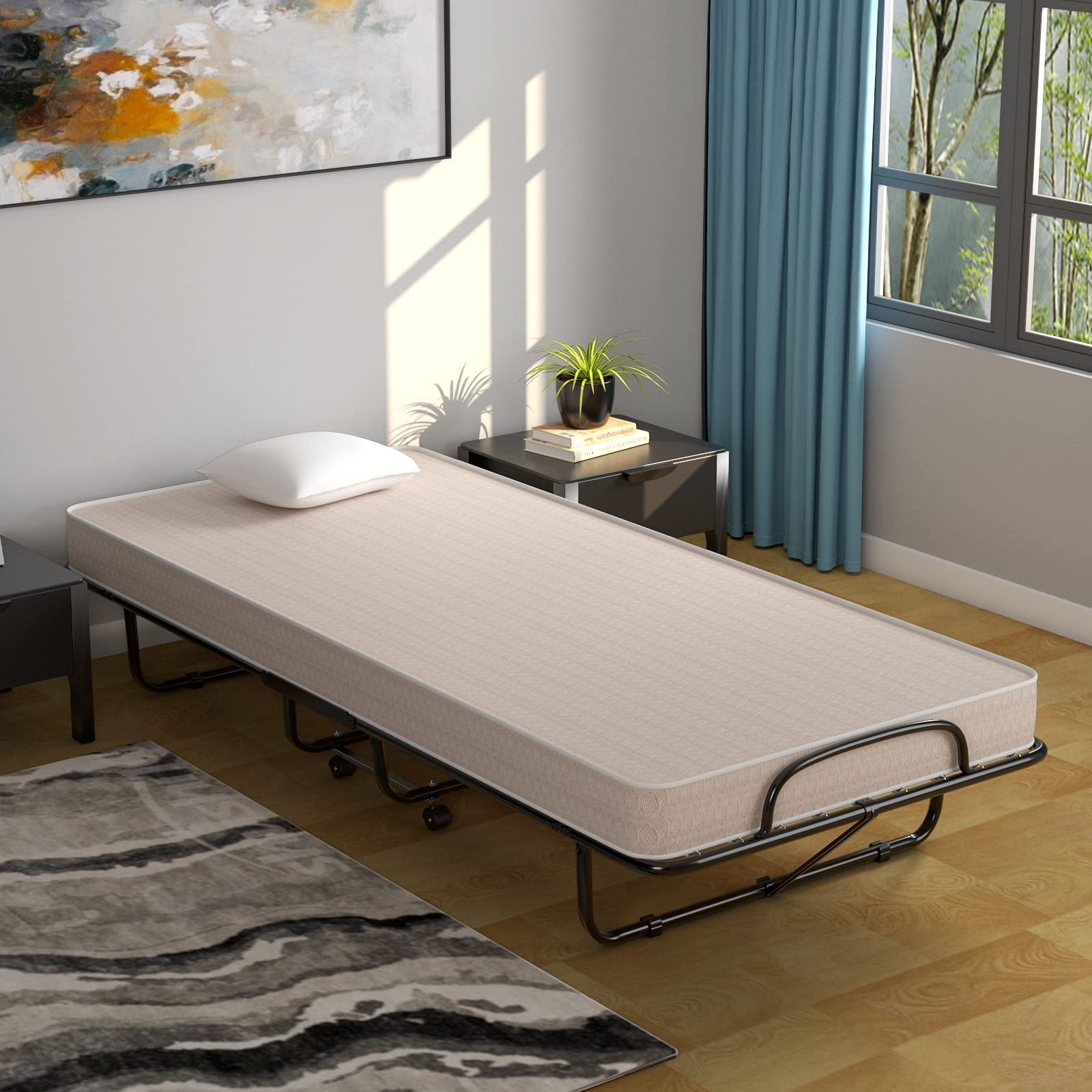Rollaway Folding Bed w/Mattress for Adults, 79 x 39 Inch Twin Portable Foldable Guest Bed w/Sturdy Metal Frame - Image 2