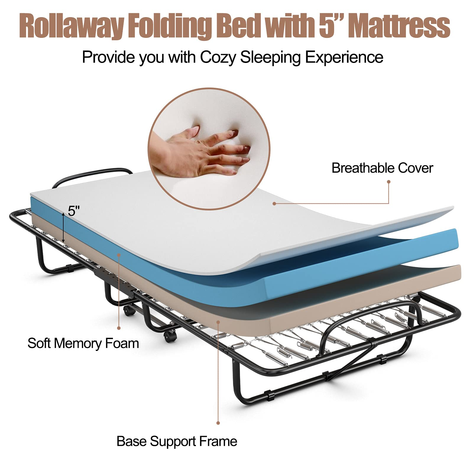 Rollaway Folding Bed w/Mattress for Adults, 79 x 39 Inch Twin Portable Foldable Guest Bed w/Sturdy Metal Frame - Image 3
