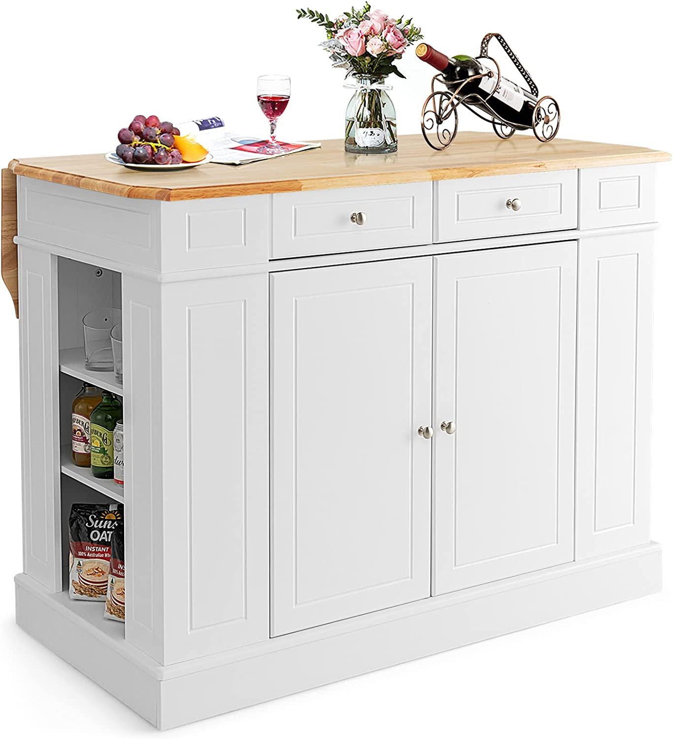 Kitchen Island with Drop Leaf, Rubber Wood Top, 2 Drawers, Storage Cabinets - Image 10