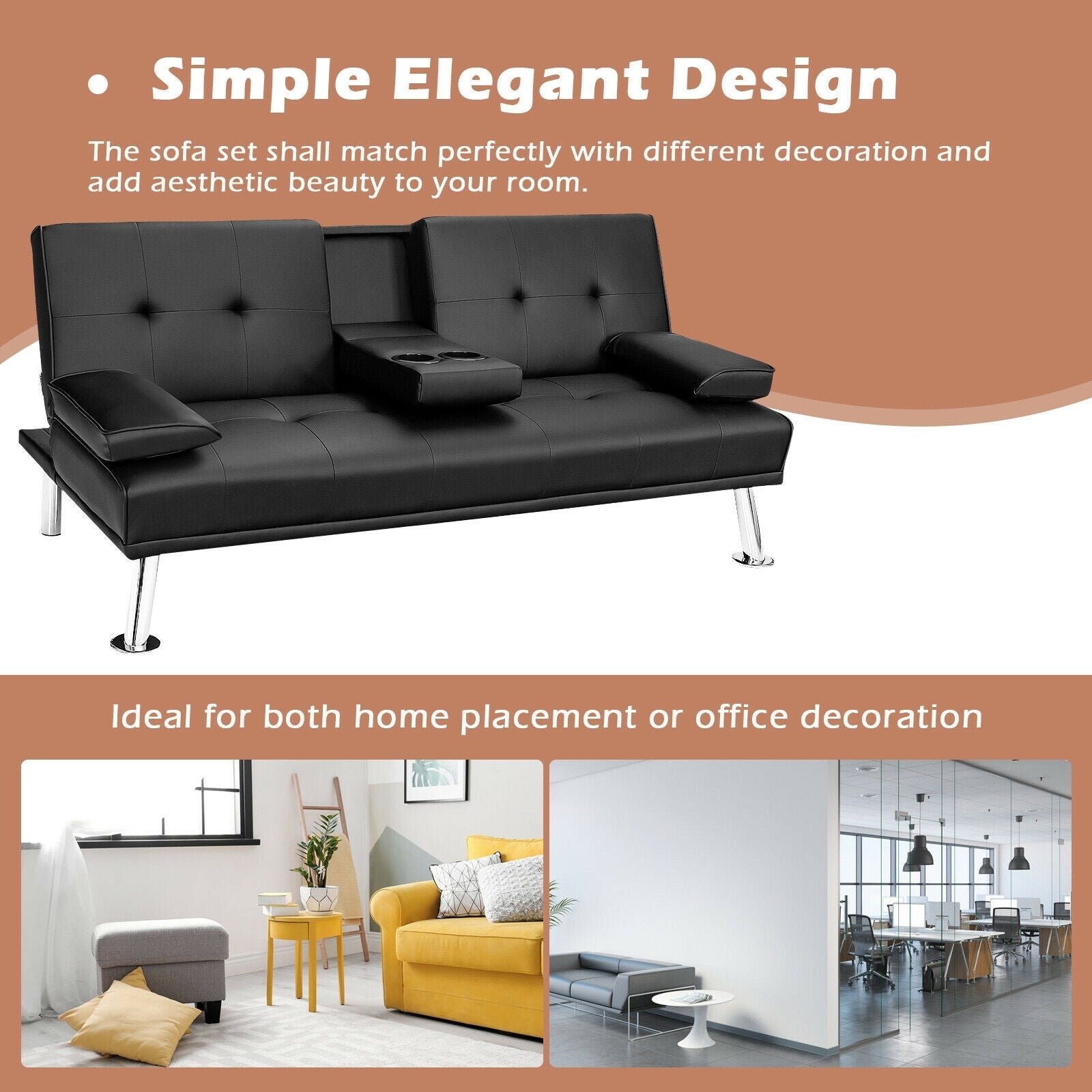 Modern Convertible Futon Sofa Bed,2 Cup Holders, Backrest Adjustable - Image 4