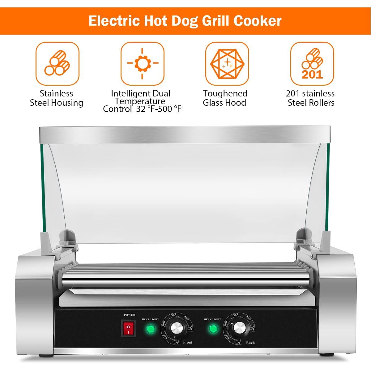 7 Non-Stick Rollers 18 Hot Dog Sausage Grill Cooker Machine with Removable Stainless Steel Drip Tray and Glass Hood Cover - Image 6