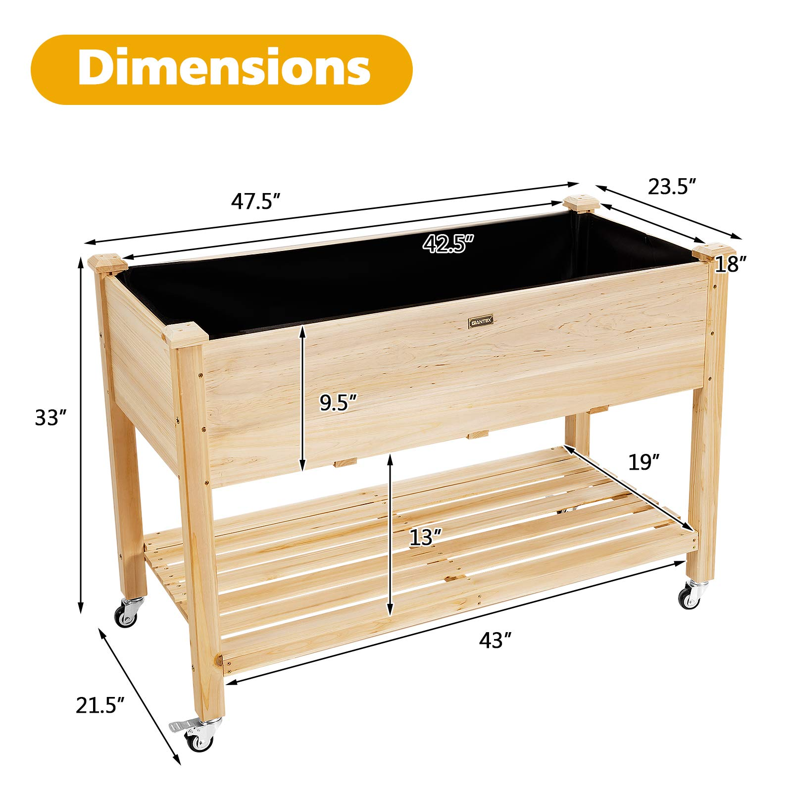 Raised Garden Bed on Wheels, 47.5" L X 23.5" W X 33" H - Image 6