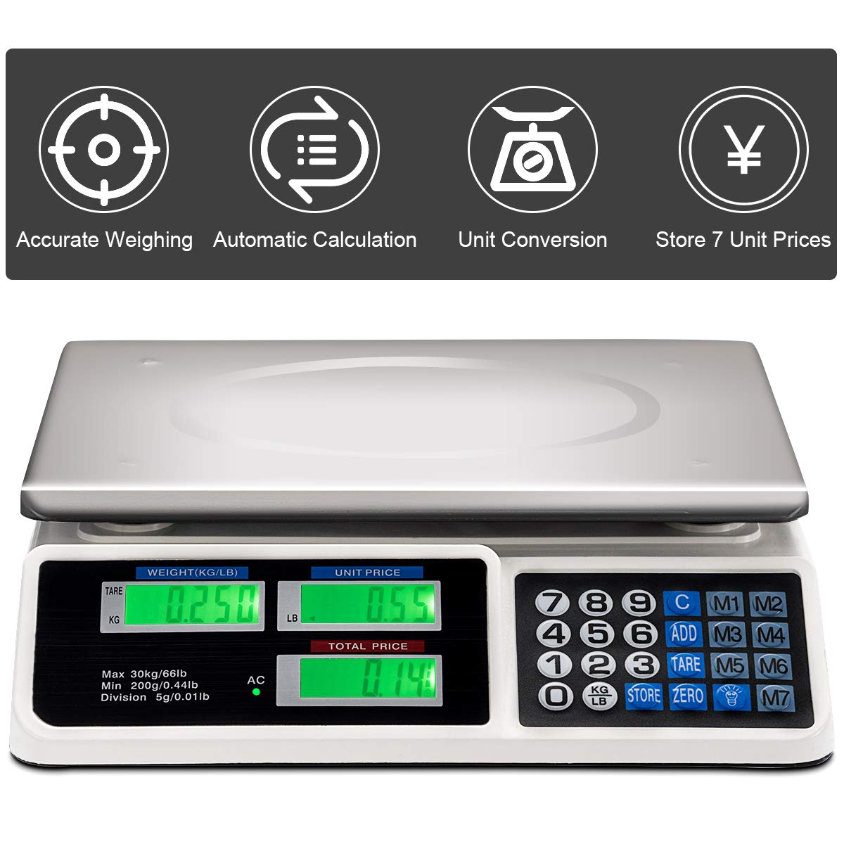 66 lbs Digital Food Scale, Commercial LCD Digital Scale w/ Computing Price, Stainless Steel Electronic Scale - Image 7