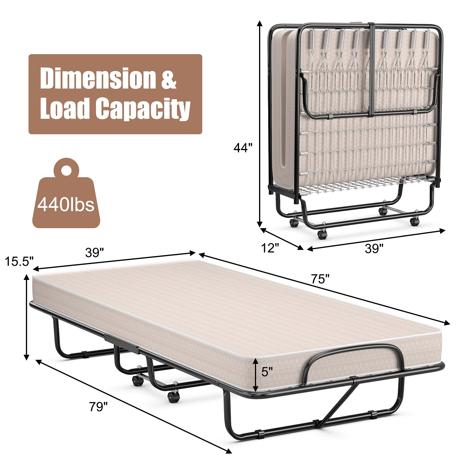 Rollaway Folding Bed w/Mattress for Adults, 79 x 39 Inch Twin Portable Foldable Guest Bed w/Sturdy Metal Frame - Image 8