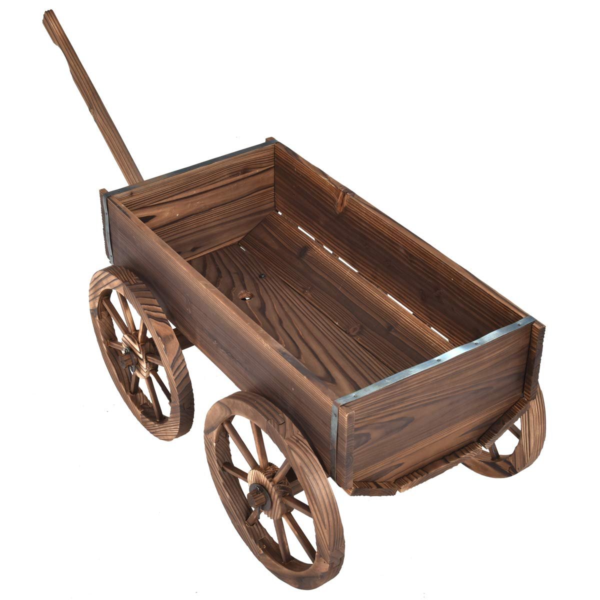 Wood Wagon Flower Planter Pot Stand W/Wheels Home Garden Outdoor Decor - Image 7