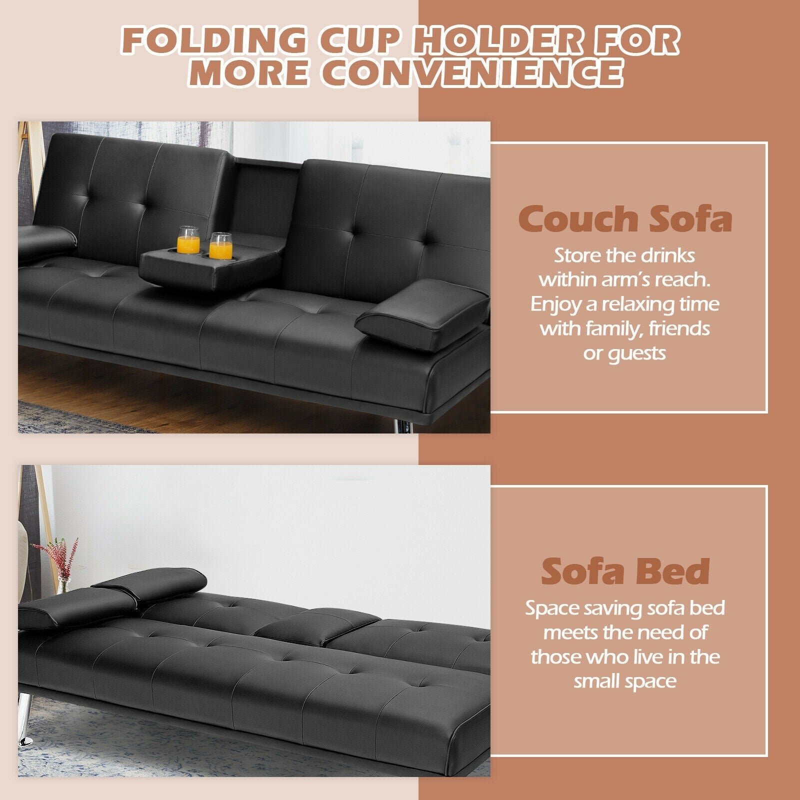 Modern Convertible Futon Sofa Bed,2 Cup Holders, Backrest Adjustable - Image 5