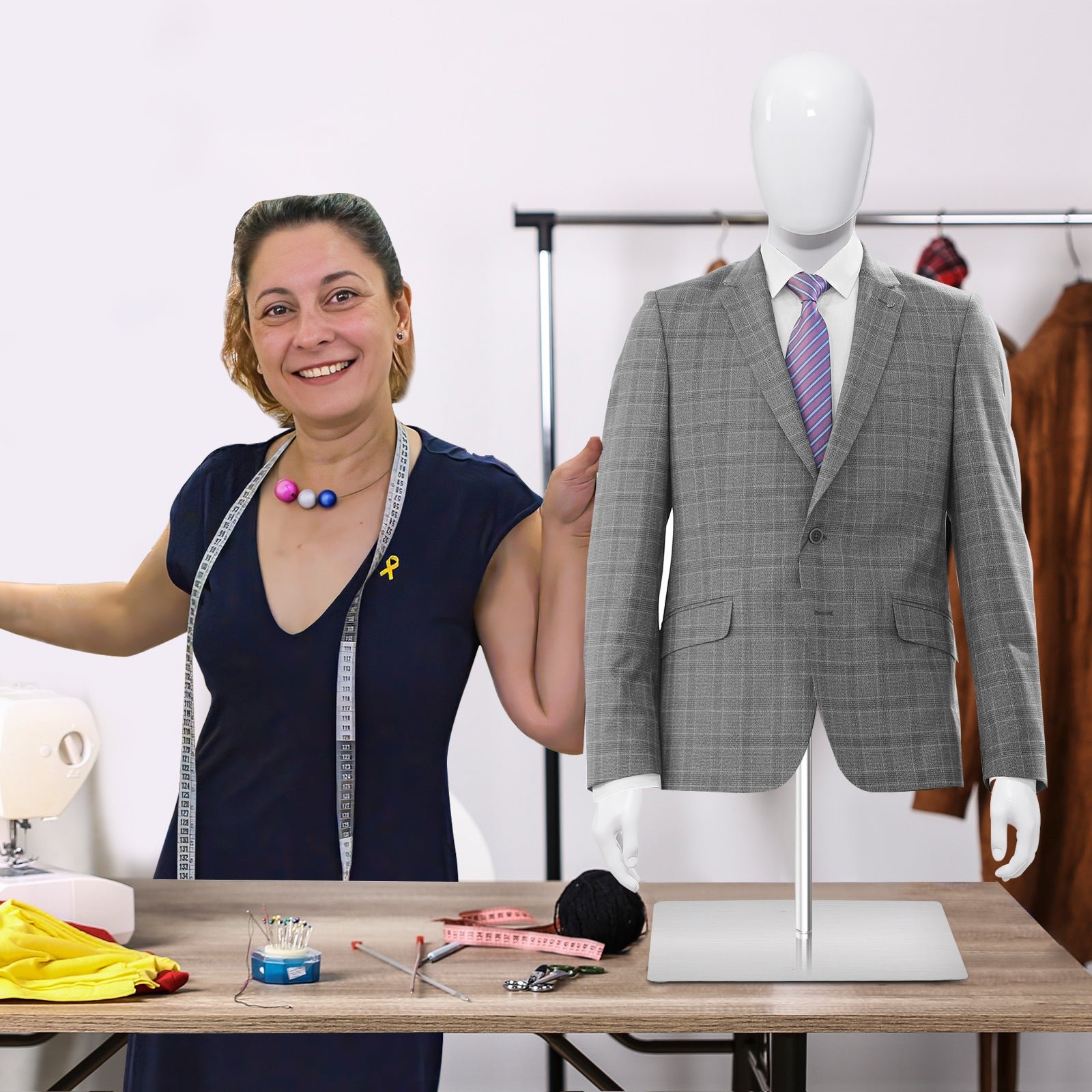 Male Mannequin Torso Adjustable Height Detachable Arms Dress Form Display w/Metal Stand, Bright White - Image 8