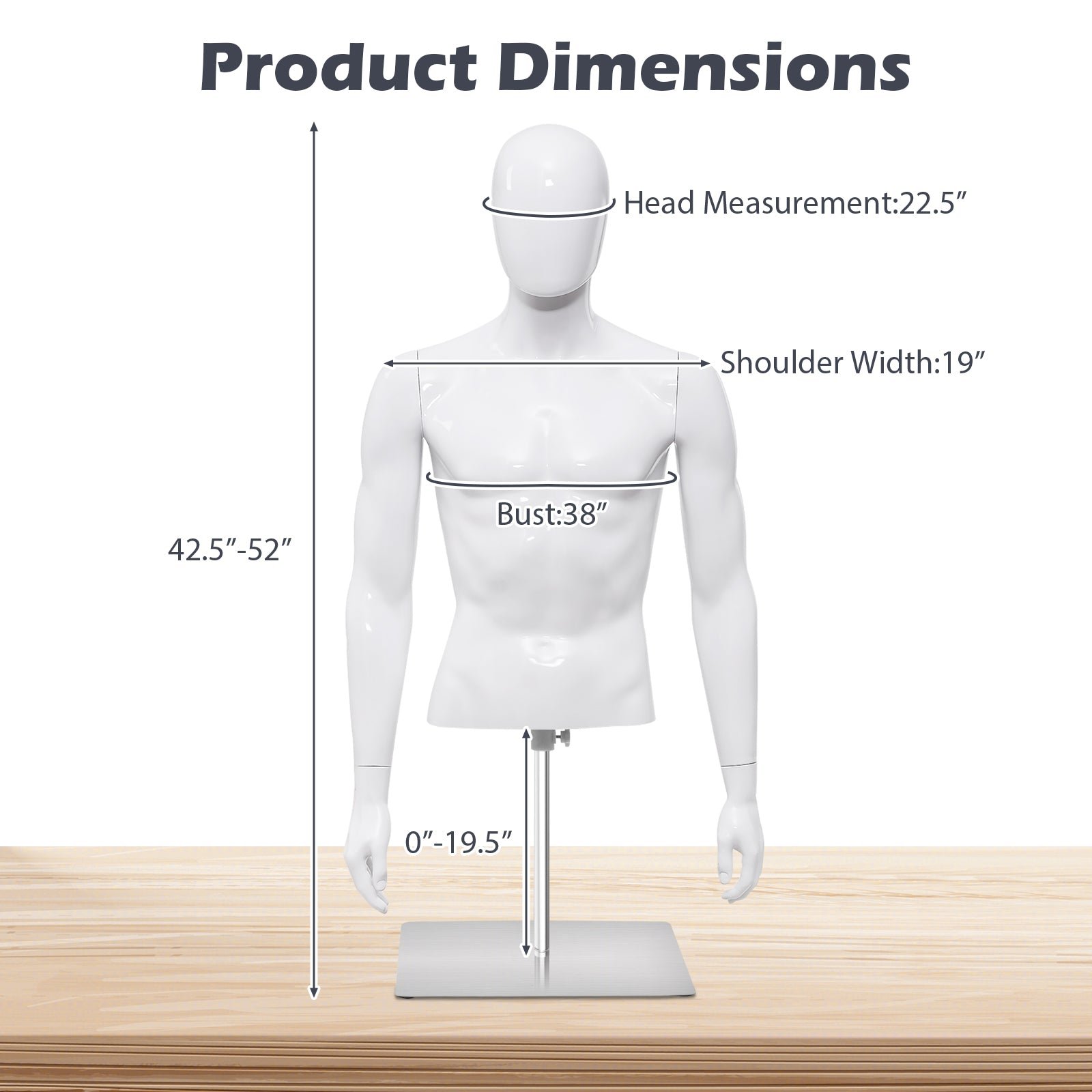 Male Mannequin Torso Adjustable Height Detachable Arms Dress Form Display w/Metal Stand, Bright White - Image 10