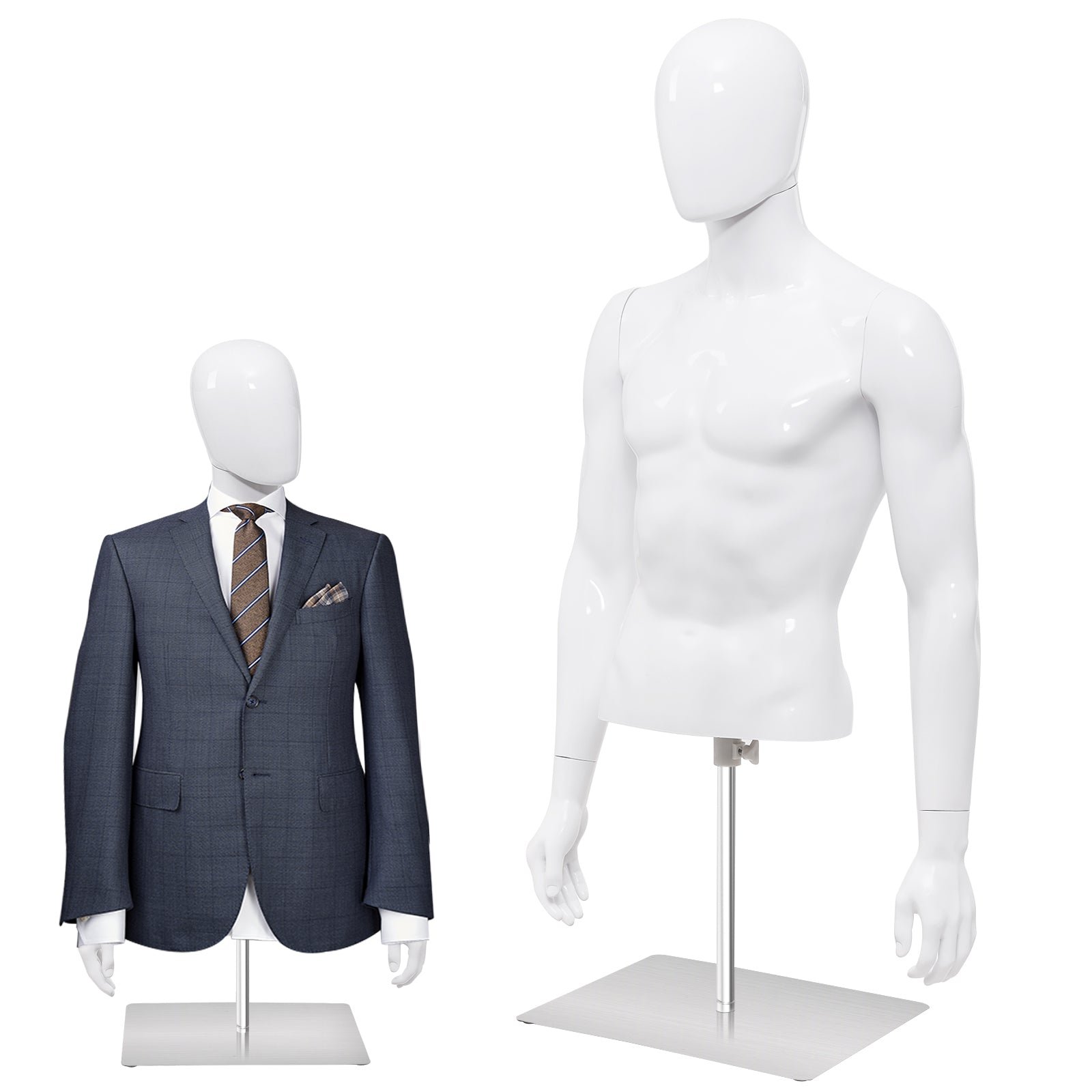 Male Mannequin Torso Adjustable Height Detachable Arms Dress Form Display w/Metal Stand, Bright White