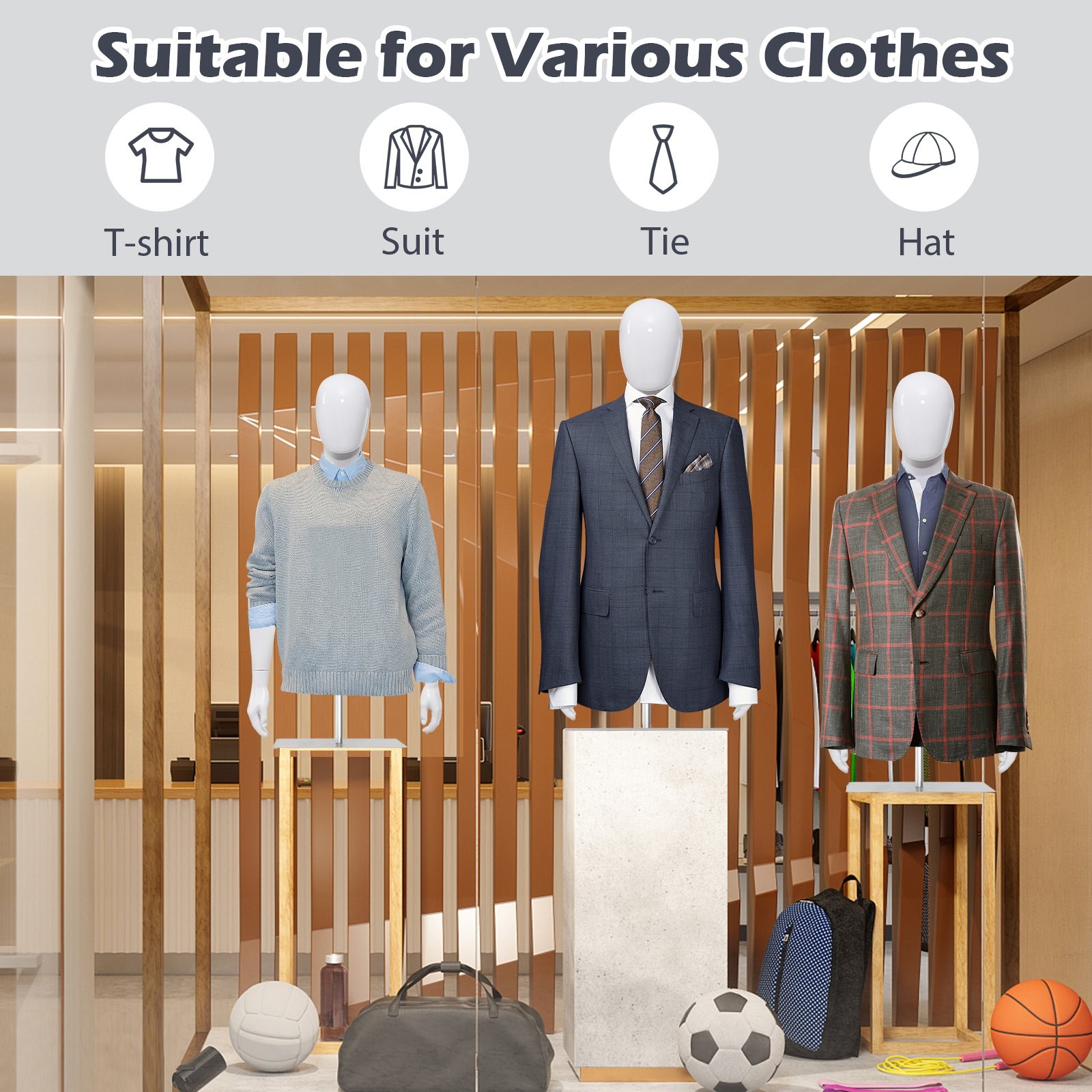 Male Mannequin Torso Adjustable Height Detachable Arms Dress Form Display w/Metal Stand, Bright White - Image 3