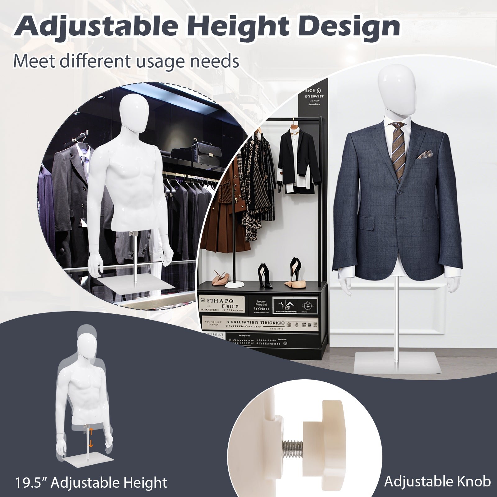 Male Mannequin Torso Adjustable Height Detachable Arms Dress Form Display w/Metal Stand, Bright White - Image 4