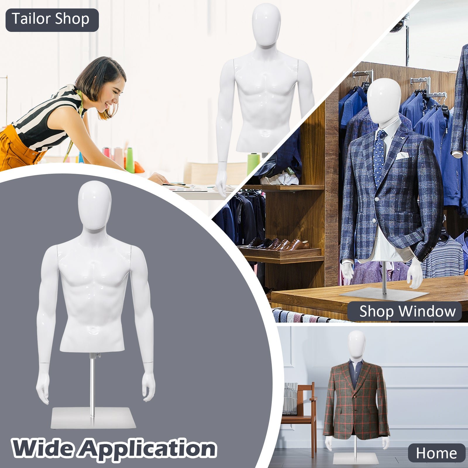 Male Mannequin Torso Adjustable Height Detachable Arms Dress Form Display w/Metal Stand, Bright White - Image 5