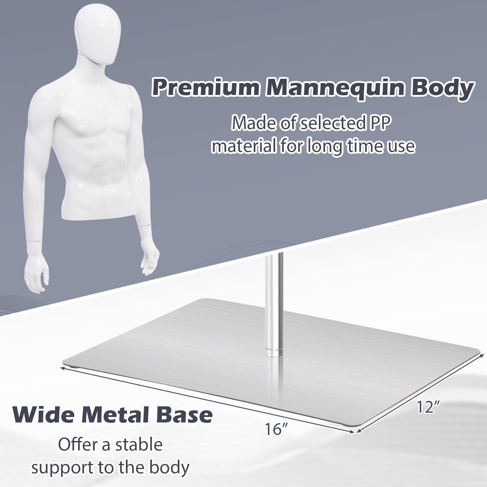 Male Mannequin Torso Adjustable Height Detachable Arms Dress Form Display w/Metal Stand, Bright White - Image 6