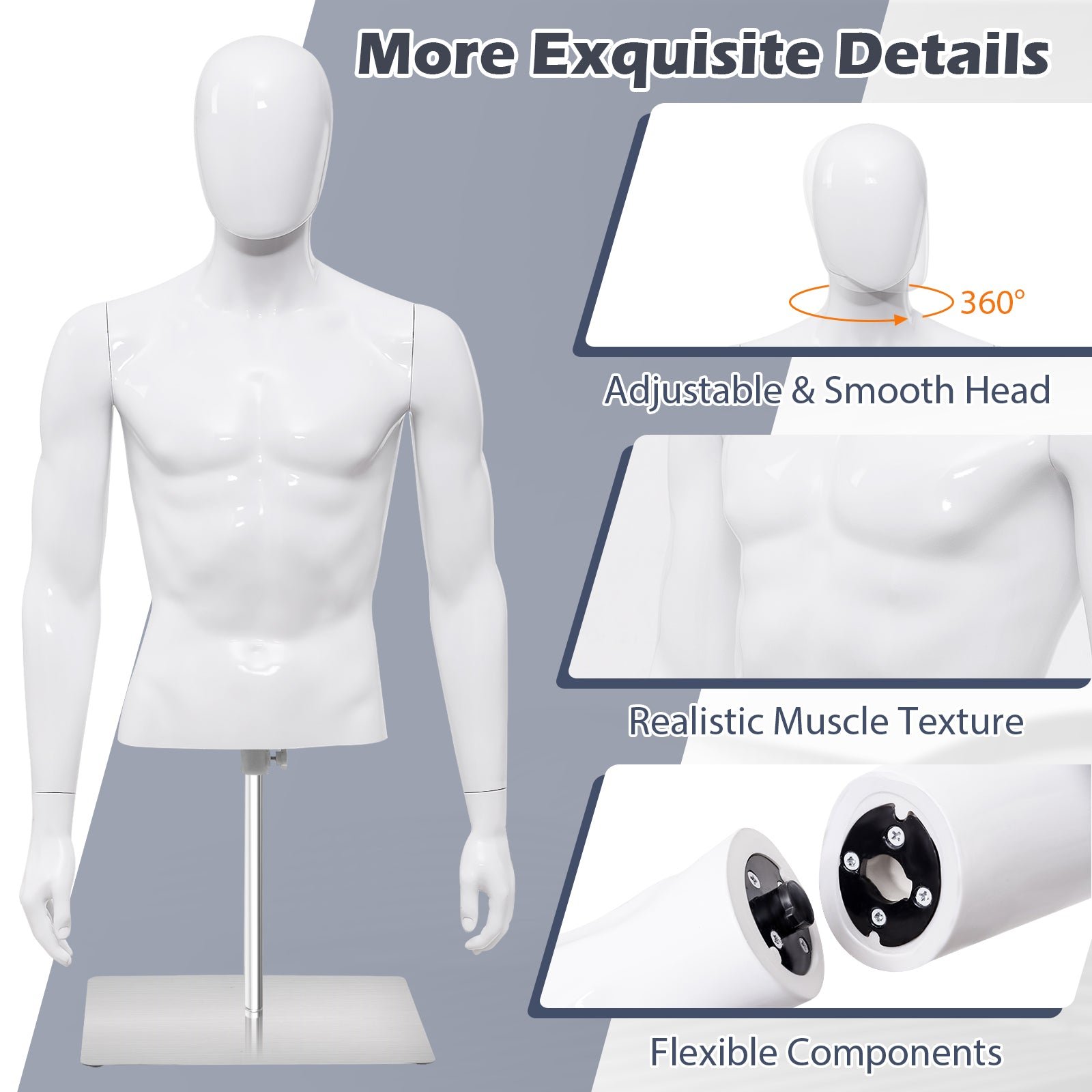Male Mannequin Torso Adjustable Height Detachable Arms Dress Form Display w/Metal Stand, Bright White - Image 7
