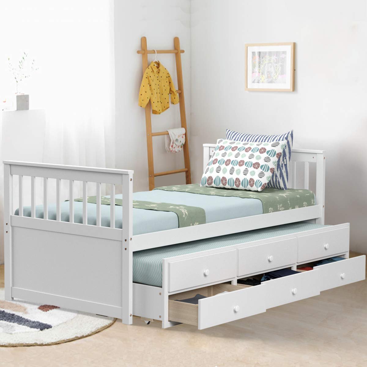 Twin Captain's Bed with Trundle Bed, Wood Storage Daybed with 3 Storage Drawers - Image 11