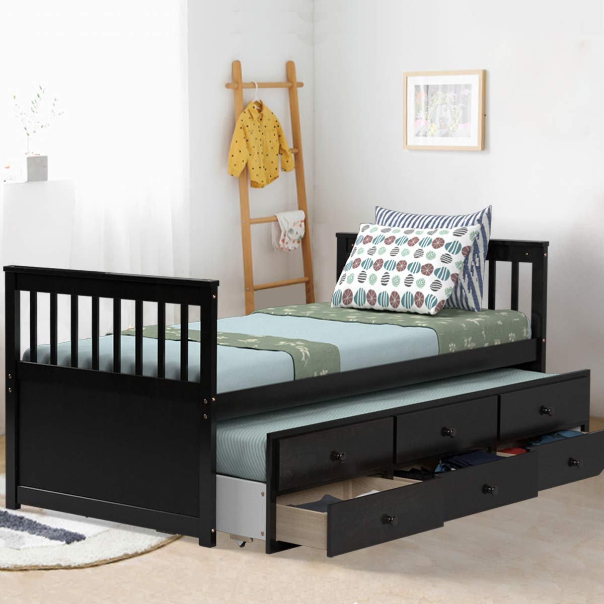 Twin Captain's Bed with Trundle Bed, Wood Storage Daybed with 3 Storage Drawers - Image 2