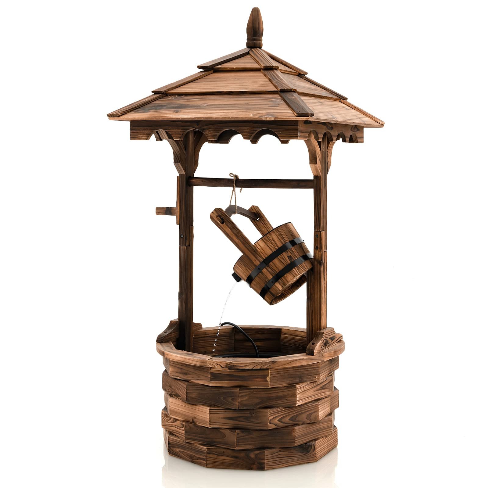 Rustic Wishing Well Fountain, Outdoor Wooden Water Fountain with Electric Pump