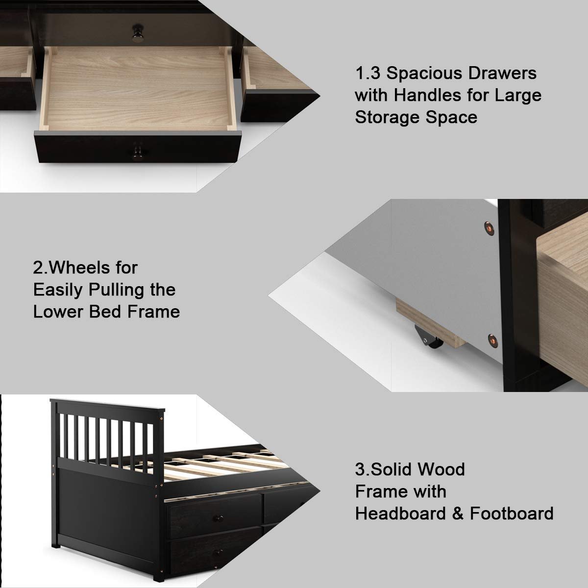 Twin Captain's Bed with Trundle Bed, Wood Storage Daybed with 3 Storage Drawers - Image 4