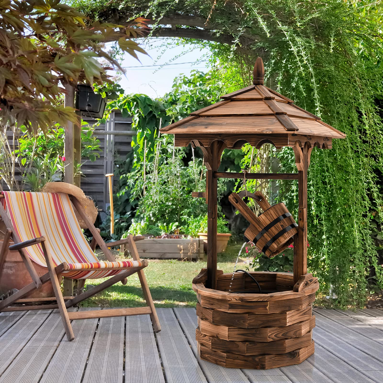 Rustic Wishing Well Fountain, Outdoor Wooden Water Fountain with Electric Pump - Image 3