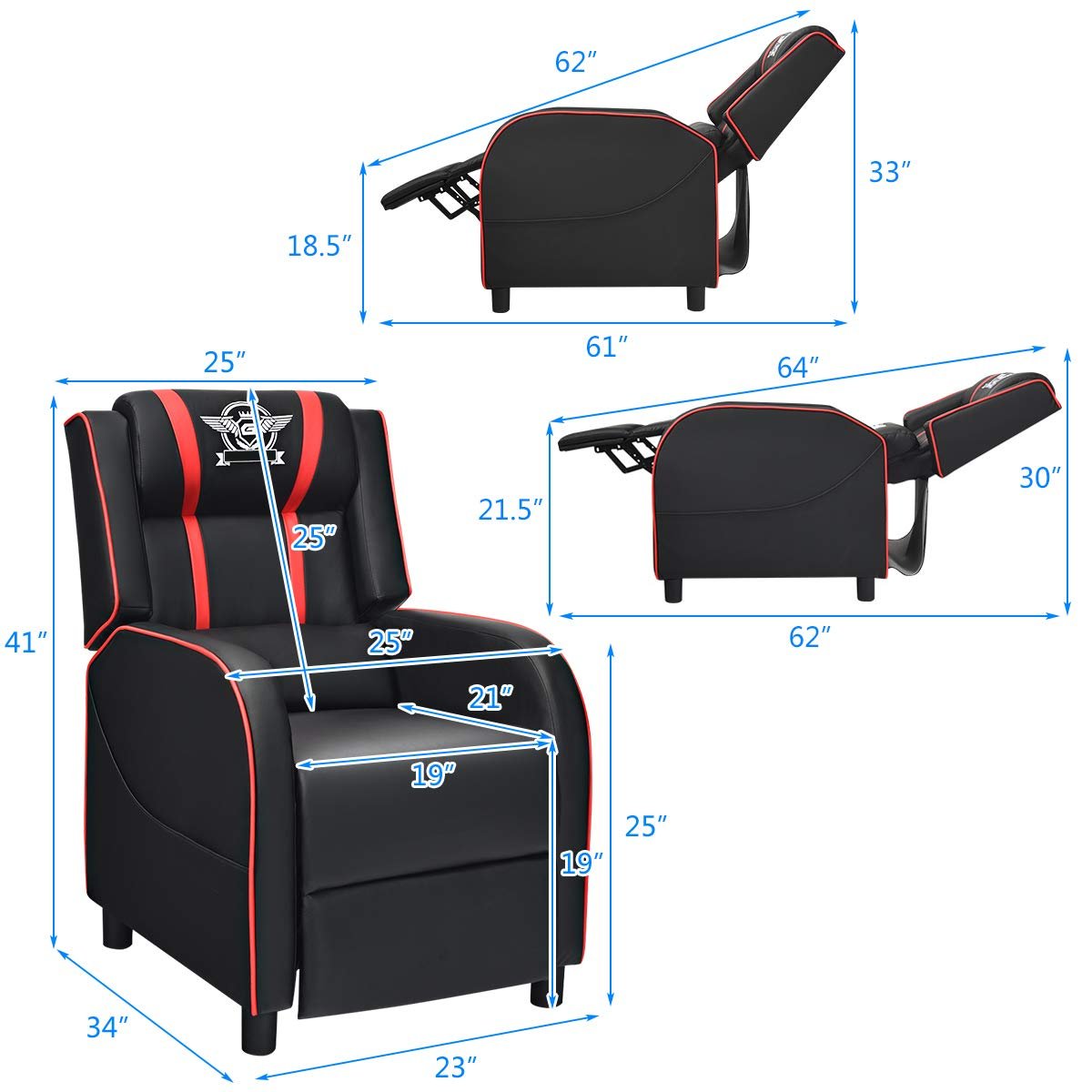 Gaming Recliner Chair, Racing Style Single Recliner Sofa w/ Cushion - Image 3