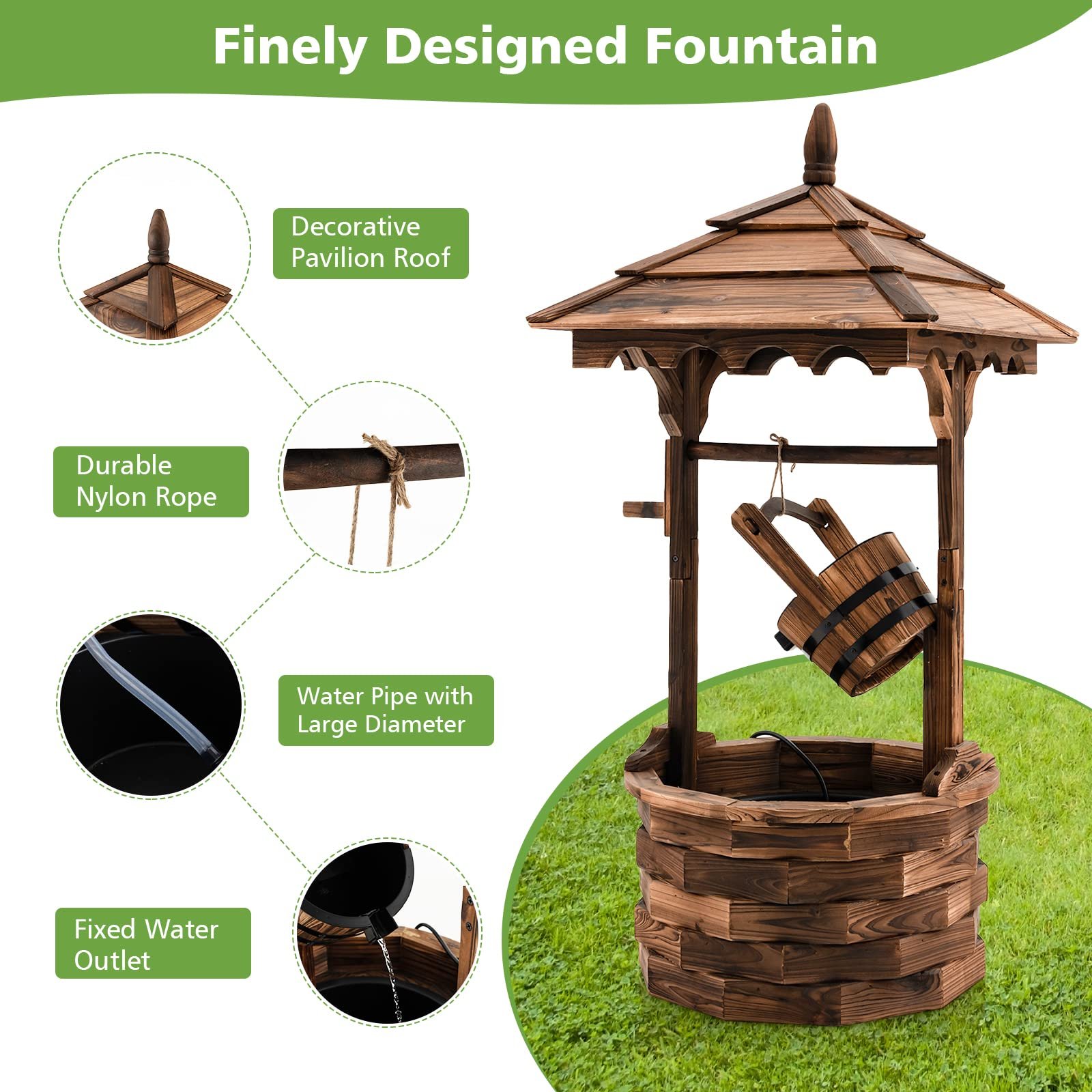 Rustic Wishing Well Fountain, Outdoor Wooden Water Fountain with Electric Pump - Image 4