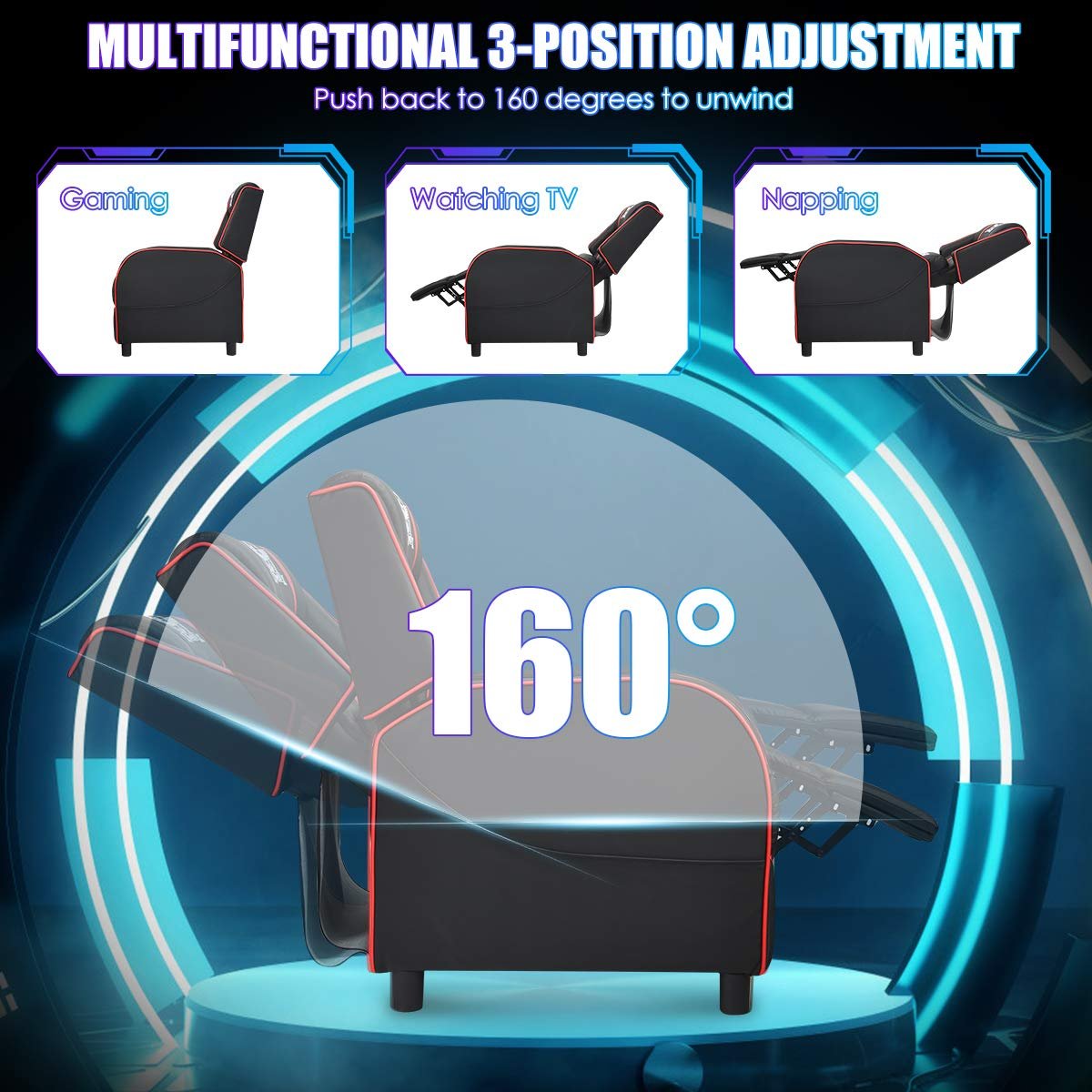 Gaming Recliner Chair, Racing Style Single Recliner Sofa w/ Cushion - Image 4