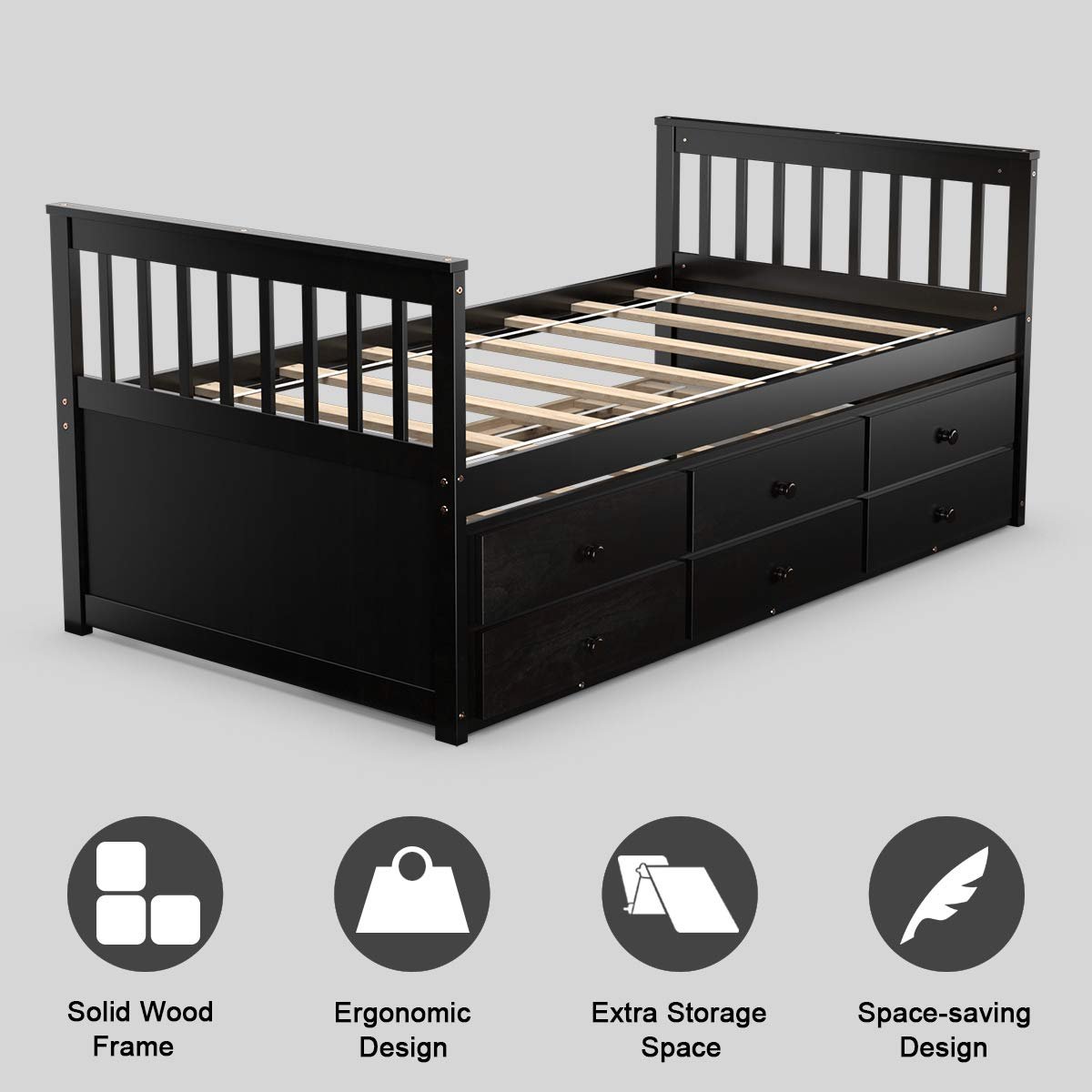 Twin Captain's Bed with Trundle Bed, Wood Storage Daybed with 3 Storage Drawers - Image 5