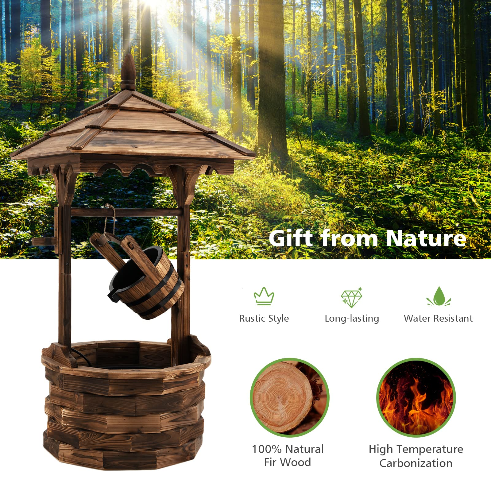 Rustic Wishing Well Fountain, Outdoor Wooden Water Fountain with Electric Pump - Image 5