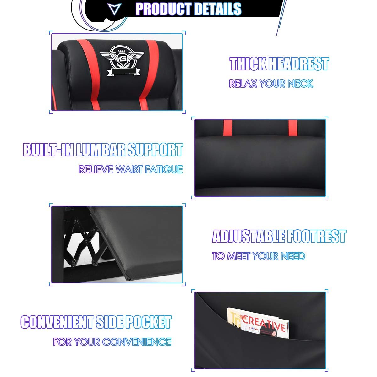 Gaming Recliner Chair, Racing Style Single Recliner Sofa w/ Cushion - Image 6