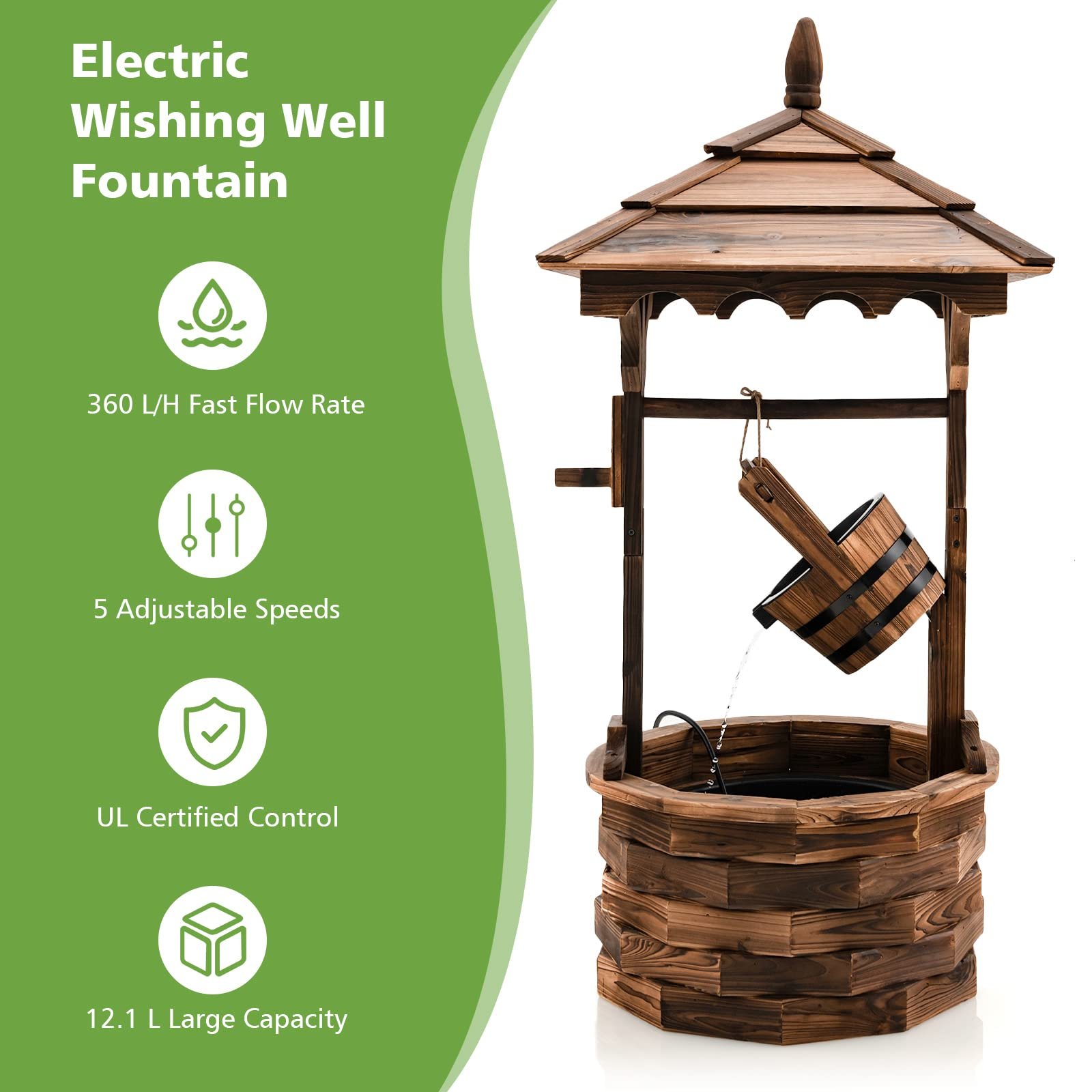 Rustic Wishing Well Fountain, Outdoor Wooden Water Fountain with Electric Pump - Image 6