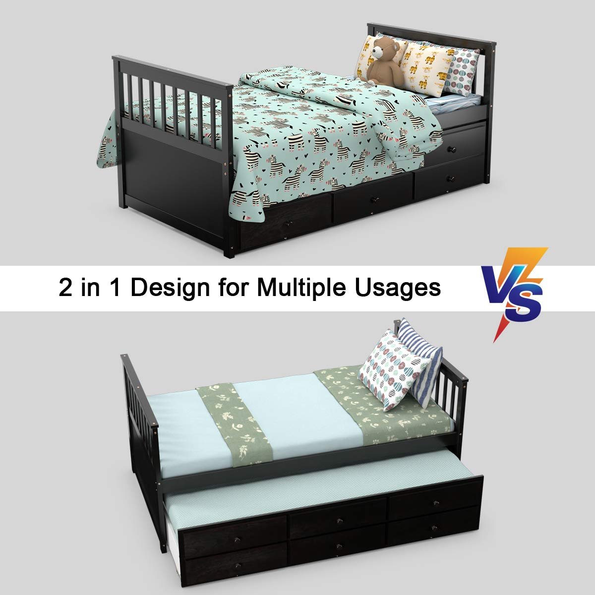 Twin Captain's Bed with Trundle Bed, Wood Storage Daybed with 3 Storage Drawers - Image 7