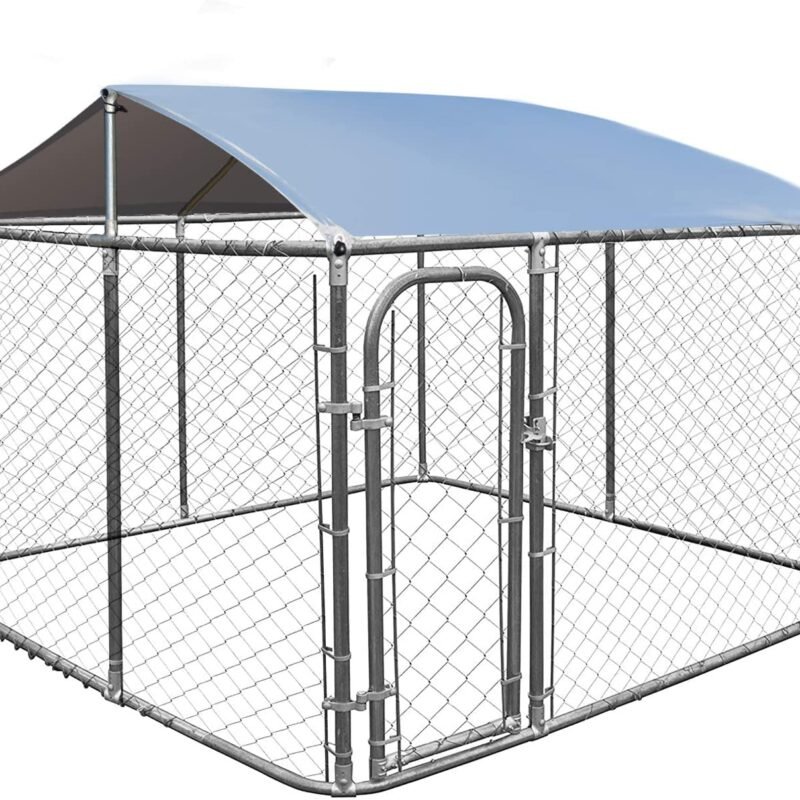 Outdoor Dog Kennel with Roof, 7.5ft Dog Fence with Door and Waterproof Cover