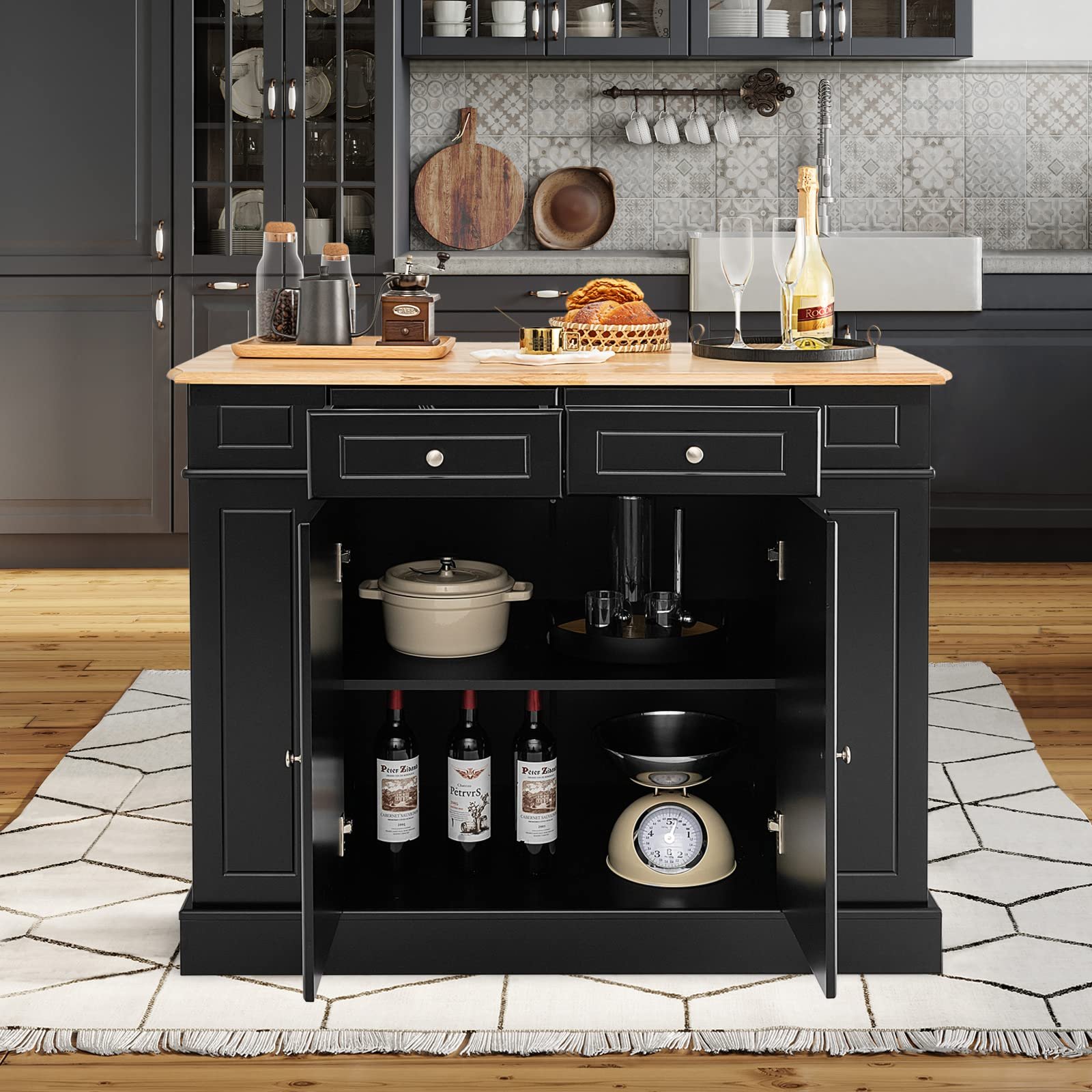 Kitchen Island with Drop Leaf, Rubber Wood Top, 2 Drawers, Storage Cabinets - Image 9