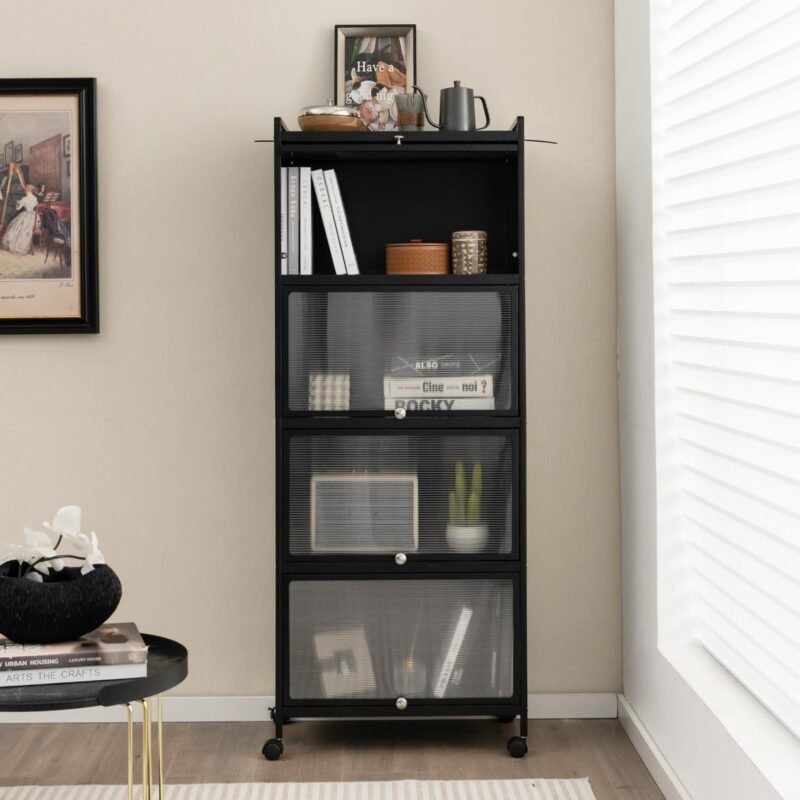 5-Tier Kitchen Storage Cabinet, Mobile Microwave Stand with Flip-up PC Doors